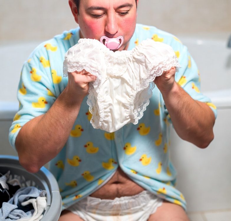 mommies naighty abdl goes to the bathroom and grabs mommies dirty panties to sniff and put on